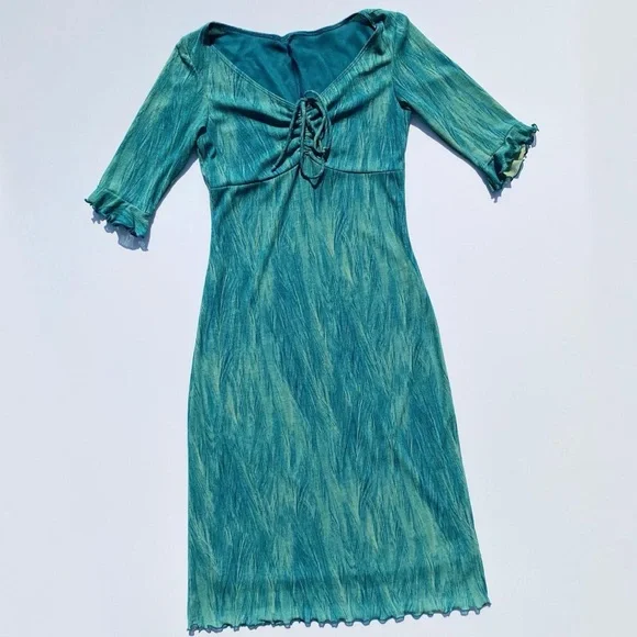 Vintage 90s Feather Print Front Tie Lettuce Hem V-Neck Dress Women's Small | Color: Blue/Green | Size: S | Pm-67924312's Closet Vintage 90s Feather Print Front Tie Lettuce Hem V-Neck Dress Women's Small | Color: Blue/Green | Size: S | Pm-67924312's Closet